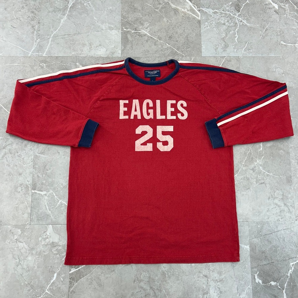 Vintage American Eagle Graphic Tee Mens Large Long Sleeve Ringer Shirt Y2K Red